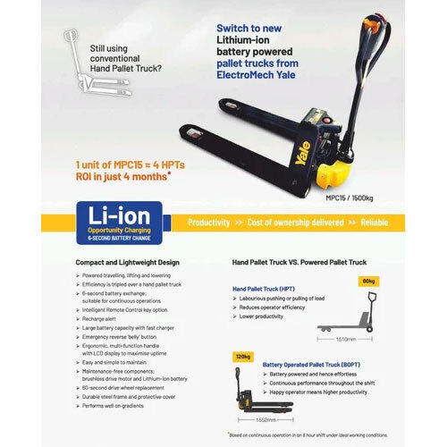 Battery Operated Pallet Truck - Mild Steel, 1500 Kg Lifting Capacity, Black | Ergonomic Design, Enhanced Operator Comfort, Versatile for Material Handling